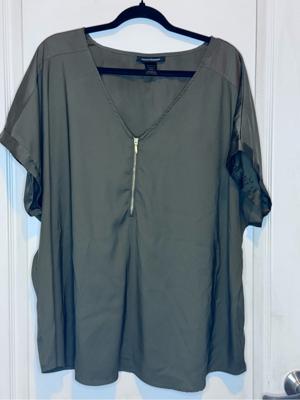 Ashley Stewart Olive Green V-Neck Zip Front Blouse